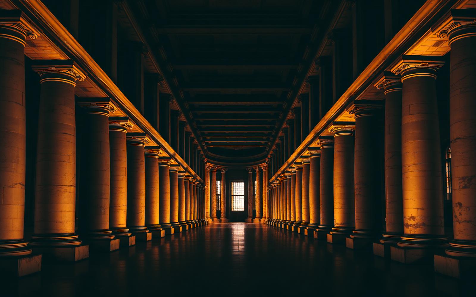 Grand classical stone colonnade lit in warm gold